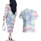 Australian Indigenous Aboriginal Art Couples Matching Off The Shoulder Long Sleeve Dress and Hawaiian Shirt Vivid Pastel Pink Teal
