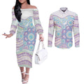 Australian Indigenous Aboriginal Art Couples Matching Off The Shoulder Long Sleeve Dress and Long Sleeve Button Shirt Vivid Pastel Pink Teal