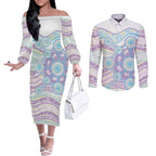 Australian Indigenous Aboriginal Art Couples Matching Off The Shoulder Long Sleeve Dress and Long Sleeve Button Shirt Vivid Pastel Pink Teal