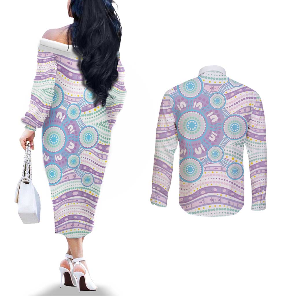 Australian Indigenous Aboriginal Art Couples Matching Off The Shoulder Long Sleeve Dress and Long Sleeve Button Shirt Vivid Pastel Pink Teal