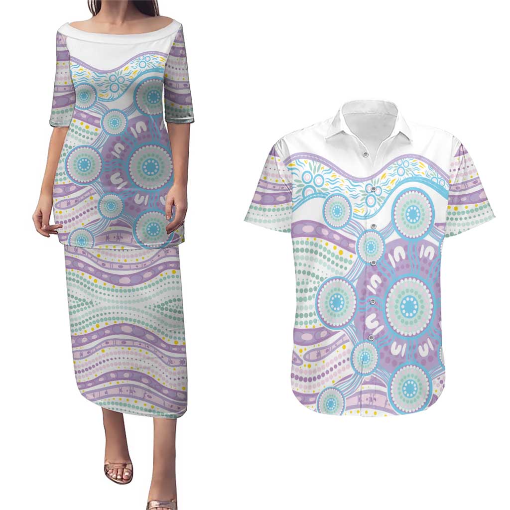 Australian Indigenous Aboriginal Art Couples Matching Puletasi and Hawaiian Shirt Vivid Pastel Pink Teal