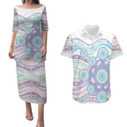Australian Indigenous Aboriginal Art Couples Matching Puletasi and Hawaiian Shirt Vivid Pastel Pink Teal