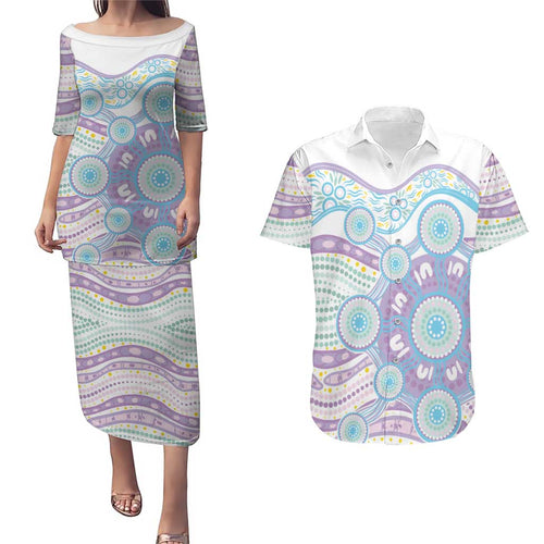 Australian Indigenous Aboriginal Art Couples Matching Puletasi and Hawaiian Shirt Vivid Pastel Pink Teal