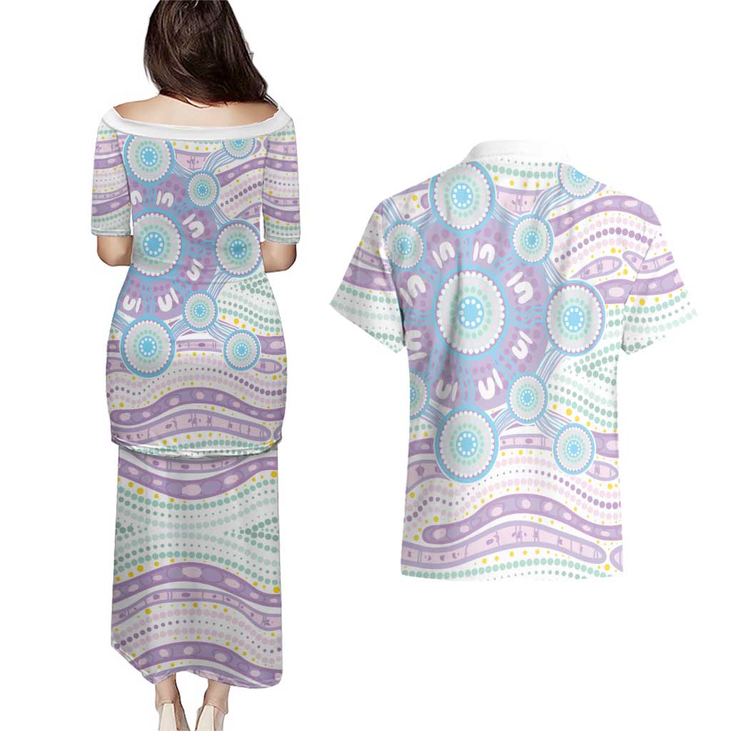 Australian Indigenous Aboriginal Art Couples Matching Puletasi and Hawaiian Shirt Vivid Pastel Pink Teal