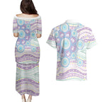 Australian Indigenous Aboriginal Art Couples Matching Puletasi and Hawaiian Shirt Vivid Pastel Pink Teal