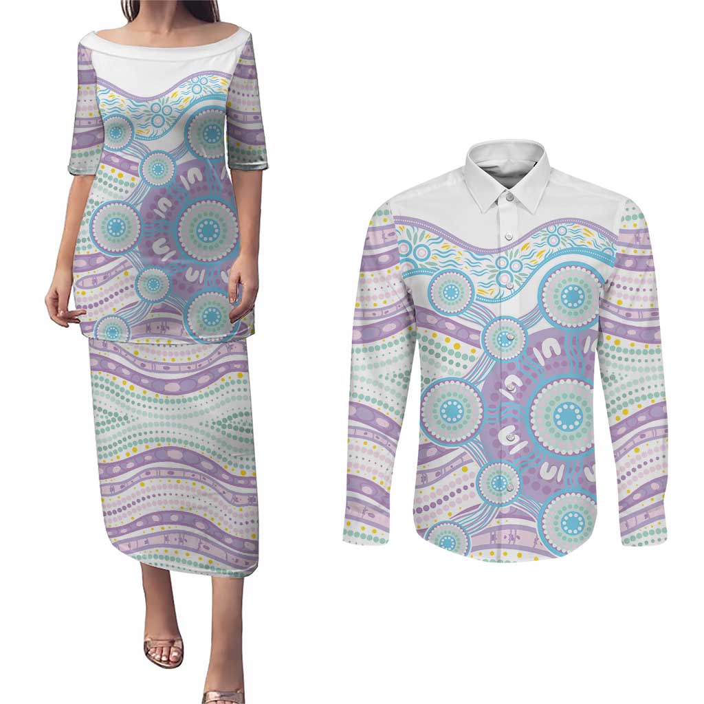 Australian Indigenous Aboriginal Art Couples Matching Puletasi and Long Sleeve Button Shirt Vivid Pastel Pink Teal