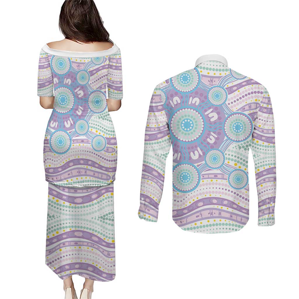Australian Indigenous Aboriginal Art Couples Matching Puletasi and Long Sleeve Button Shirt Vivid Pastel Pink Teal