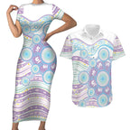 Australian Indigenous Aboriginal Art Couples Matching Short Sleeve Bodycon Dress and Hawaiian Shirt Vivid Pastel Pink Teal
