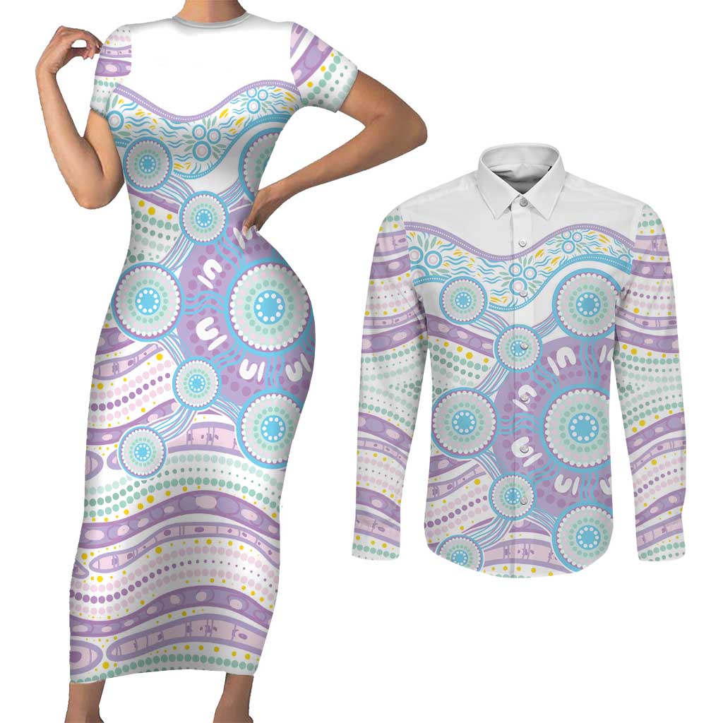 Australian Indigenous Aboriginal Art Couples Matching Short Sleeve Bodycon Dress and Long Sleeve Button Shirt Vivid Pastel Pink Teal