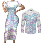 Australian Indigenous Aboriginal Art Couples Matching Short Sleeve Bodycon Dress and Long Sleeve Button Shirt Vivid Pastel Pink Teal