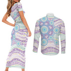 Australian Indigenous Aboriginal Art Couples Matching Short Sleeve Bodycon Dress and Long Sleeve Button Shirt Vivid Pastel Pink Teal