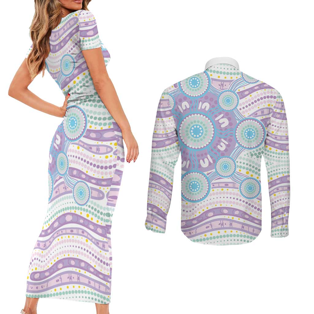 Australian Indigenous Aboriginal Art Couples Matching Short Sleeve Bodycon Dress and Long Sleeve Button Shirt Vivid Pastel Pink Teal