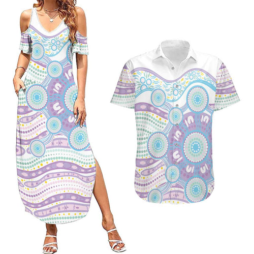 Australian Indigenous Aboriginal Art Couples Matching Summer Maxi Dress and Hawaiian Shirt Vivid Pastel Pink Teal
