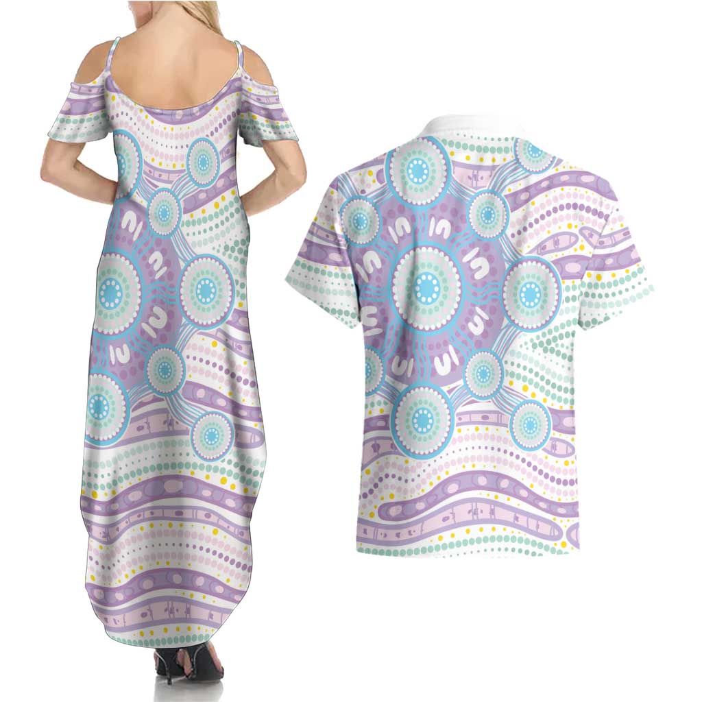 Australian Indigenous Aboriginal Art Couples Matching Summer Maxi Dress and Hawaiian Shirt Vivid Pastel Pink Teal
