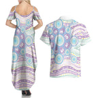 Australian Indigenous Aboriginal Art Couples Matching Summer Maxi Dress and Hawaiian Shirt Vivid Pastel Pink Teal