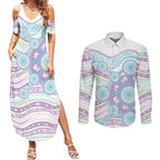 Australian Indigenous Aboriginal Art Couples Matching Summer Maxi Dress and Long Sleeve Button Shirt Vivid Pastel Pink Teal