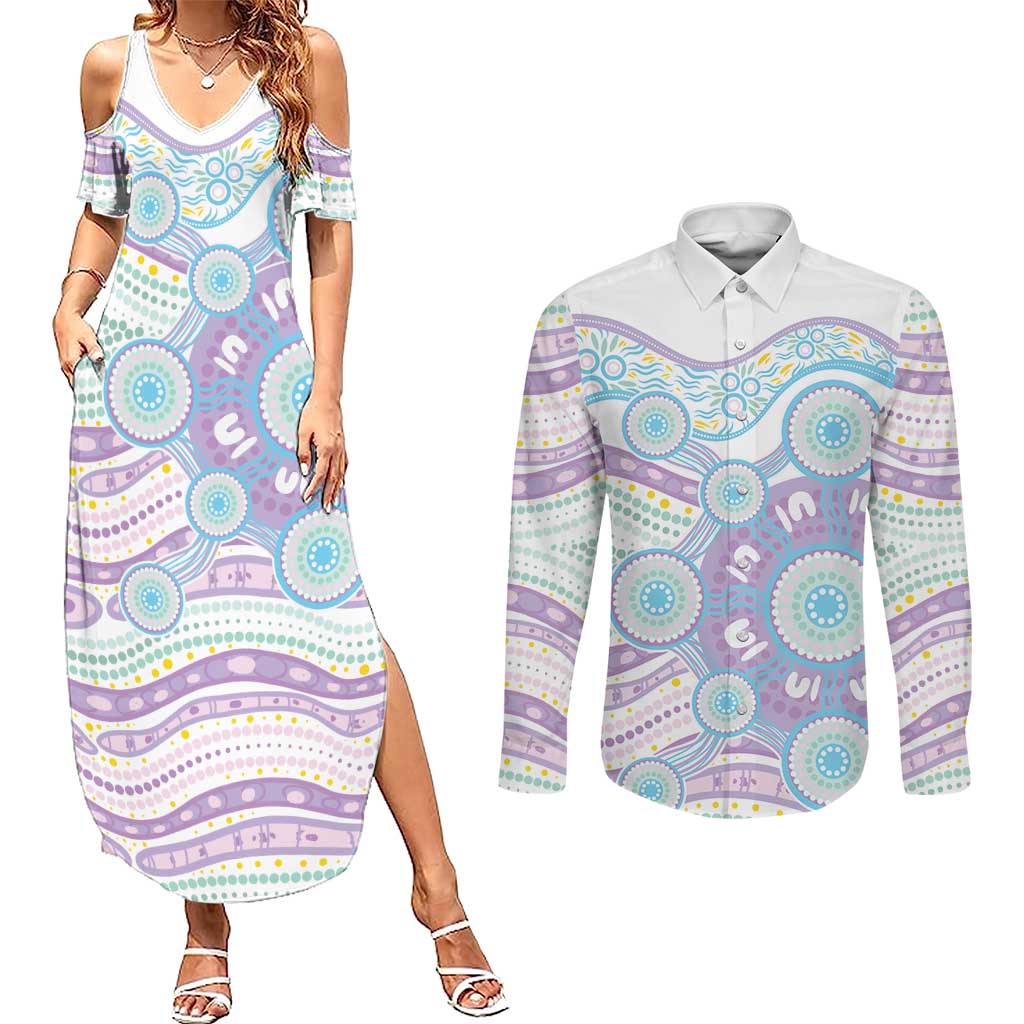 Australian Indigenous Aboriginal Art Couples Matching Summer Maxi Dress and Long Sleeve Button Shirt Vivid Pastel Pink Teal