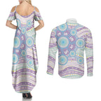Australian Indigenous Aboriginal Art Couples Matching Summer Maxi Dress and Long Sleeve Button Shirt Vivid Pastel Pink Teal