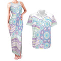 Australian Indigenous Aboriginal Art Couples Matching Tank Maxi Dress and Hawaiian Shirt Vivid Pastel Pink Teal