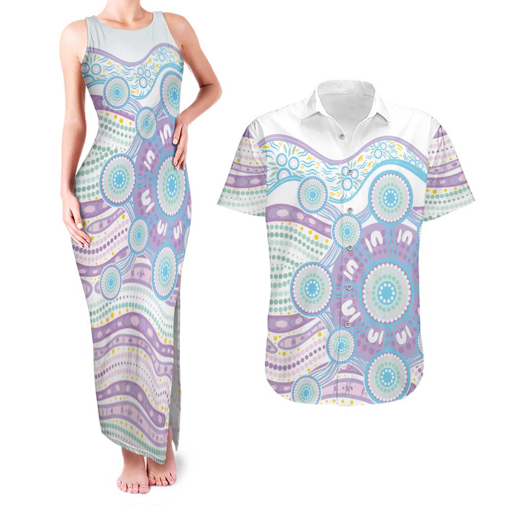 Australian Indigenous Aboriginal Art Couples Matching Tank Maxi Dress and Hawaiian Shirt Vivid Pastel Pink Teal