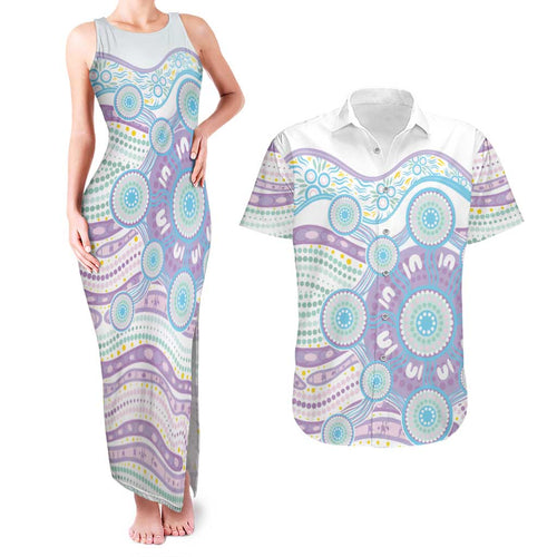 Australian Indigenous Aboriginal Art Couples Matching Tank Maxi Dress and Hawaiian Shirt Vivid Pastel Pink Teal