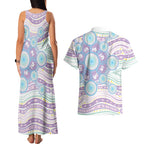 Australian Indigenous Aboriginal Art Couples Matching Tank Maxi Dress and Hawaiian Shirt Vivid Pastel Pink Teal