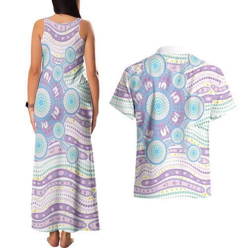 Australian Indigenous Aboriginal Art Couples Matching Tank Maxi Dress and Hawaiian Shirt Vivid Pastel Pink Teal