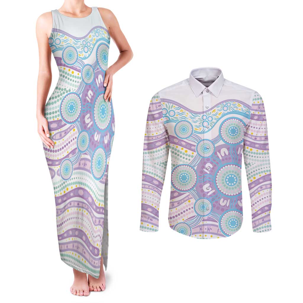 Australian Indigenous Aboriginal Art Couples Matching Tank Maxi Dress and Long Sleeve Button Shirt Vivid Pastel Pink Teal