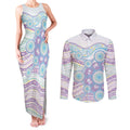 Australian Indigenous Aboriginal Art Couples Matching Tank Maxi Dress and Long Sleeve Button Shirt Vivid Pastel Pink Teal