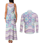 Australian Indigenous Aboriginal Art Couples Matching Tank Maxi Dress and Long Sleeve Button Shirt Vivid Pastel Pink Teal