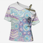 Australian Indigenous Aboriginal Art Cross Shoulder Shirt Vivid Pastel Pink Teal