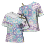 Australian Indigenous Aboriginal Art Cross Shoulder Shirt Vivid Pastel Pink Teal