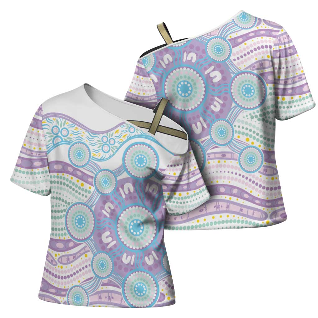 Australian Indigenous Aboriginal Art Cross Shoulder Shirt Vivid Pastel Pink Teal