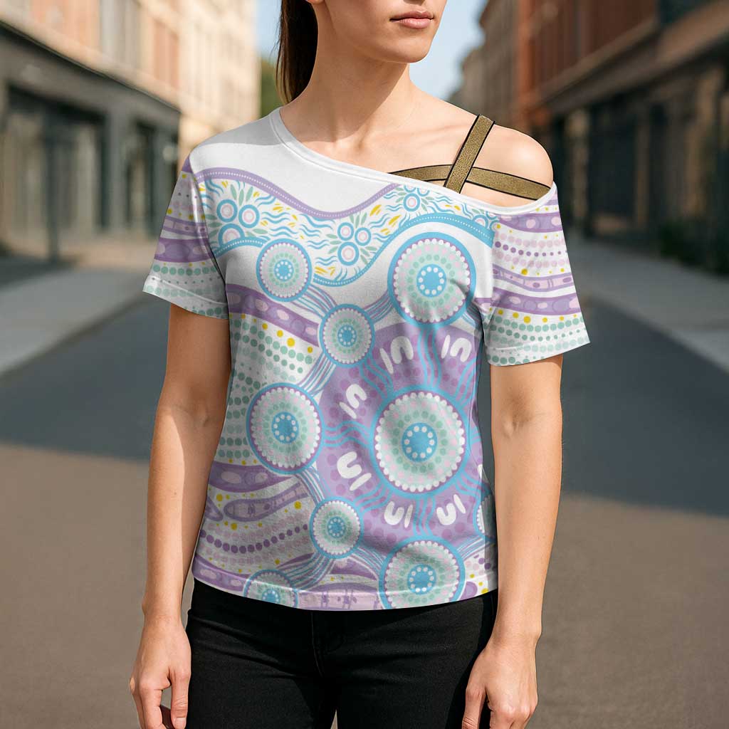 Australian Indigenous Aboriginal Art Cross Shoulder Shirt Vivid Pastel Pink Teal