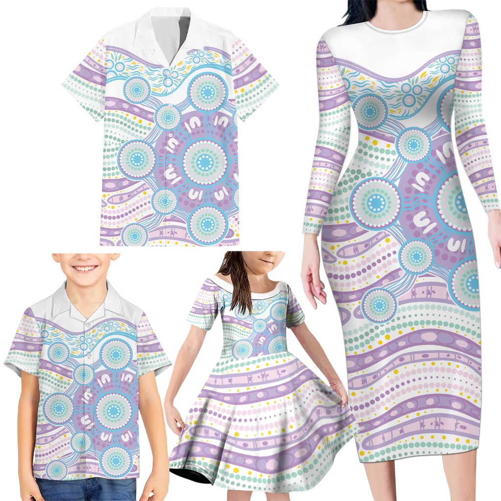 Australian Indigenous Aboriginal Art Family Matching Long Sleeve Bodycon Dress and Hawaiian Shirt Vivid Pastel Pink Teal