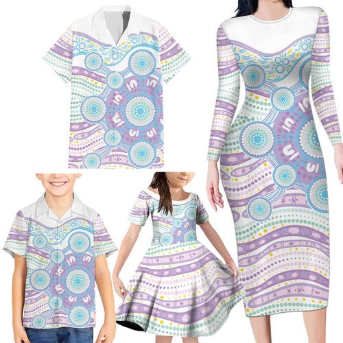 Australian Indigenous Aboriginal Art Family Matching Long Sleeve Bodycon Dress and Hawaiian Shirt Vivid Pastel Pink Teal