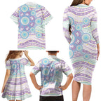 Australian Indigenous Aboriginal Art Family Matching Long Sleeve Bodycon Dress and Hawaiian Shirt Vivid Pastel Pink Teal