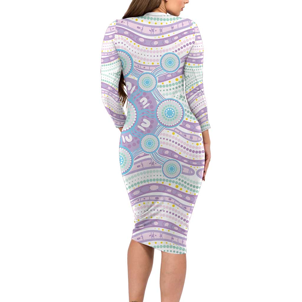 Australian Indigenous Aboriginal Art Family Matching Long Sleeve Bodycon Dress and Hawaiian Shirt Vivid Pastel Pink Teal