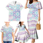 Australian Indigenous Aboriginal Art Family Matching Mermaid Dress and Hawaiian Shirt Vivid Pastel Pink Teal