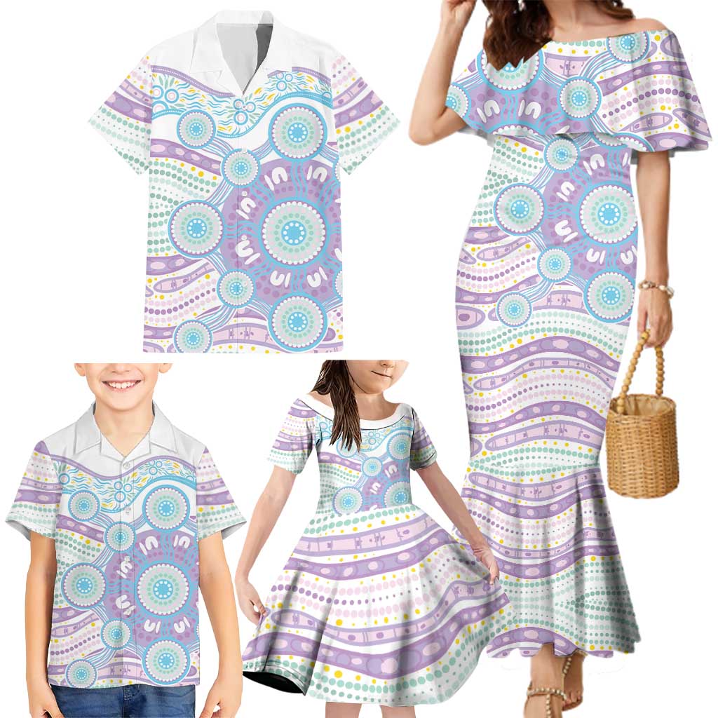 Australian Indigenous Aboriginal Art Family Matching Mermaid Dress and Hawaiian Shirt Vivid Pastel Pink Teal
