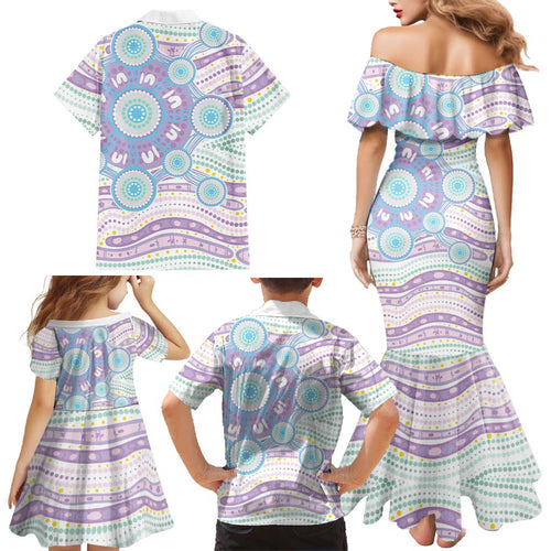 Australian Indigenous Aboriginal Art Family Matching Mermaid Dress and Hawaiian Shirt Vivid Pastel Pink Teal