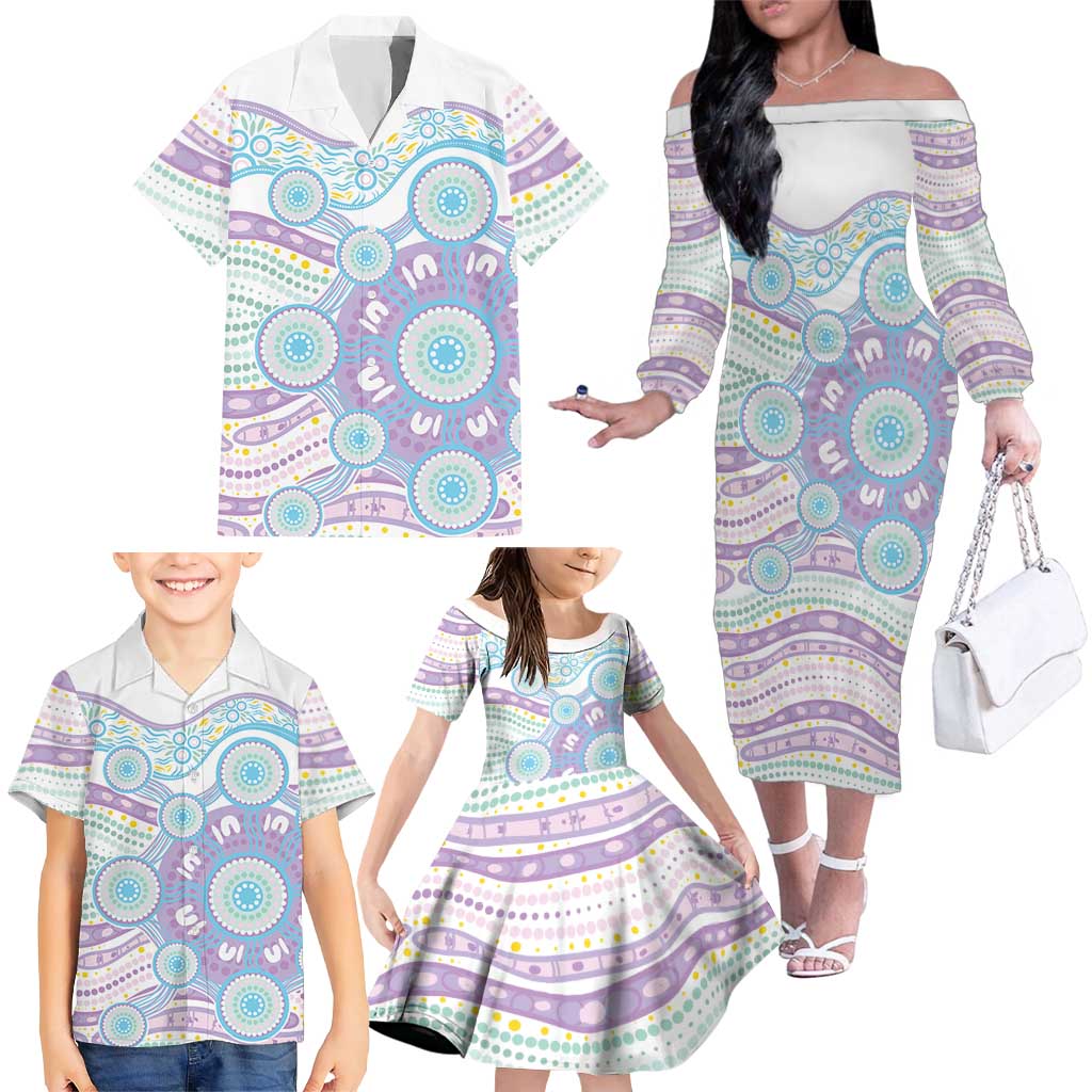 Australian Indigenous Aboriginal Art Family Matching Off The Shoulder Long Sleeve Dress and Hawaiian Shirt Vivid Pastel Pink Teal