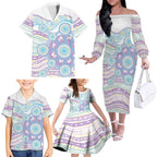 Australian Indigenous Aboriginal Art Family Matching Off The Shoulder Long Sleeve Dress and Hawaiian Shirt Vivid Pastel Pink Teal