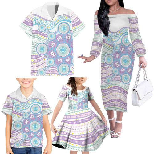 Australian Indigenous Aboriginal Art Family Matching Off The Shoulder Long Sleeve Dress and Hawaiian Shirt Vivid Pastel Pink Teal