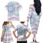 Australian Indigenous Aboriginal Art Family Matching Off The Shoulder Long Sleeve Dress and Hawaiian Shirt Vivid Pastel Pink Teal