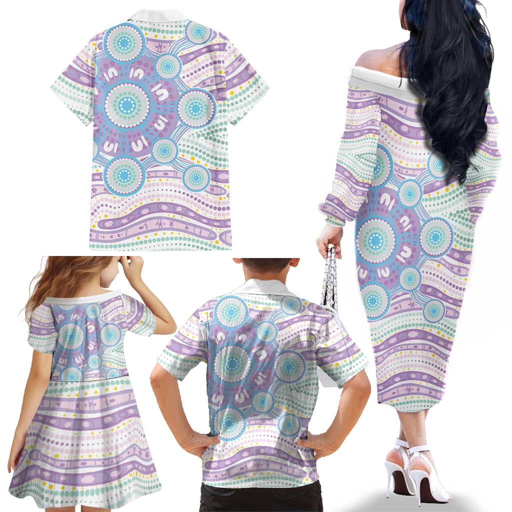 Australian Indigenous Aboriginal Art Family Matching Off The Shoulder Long Sleeve Dress and Hawaiian Shirt Vivid Pastel Pink Teal