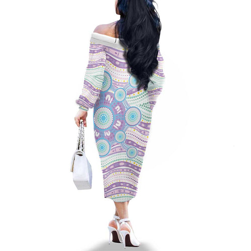 Australian Indigenous Aboriginal Art Family Matching Off The Shoulder Long Sleeve Dress and Hawaiian Shirt Vivid Pastel Pink Teal