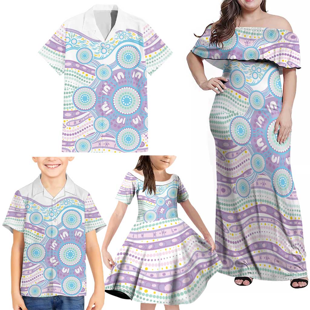 Australian Indigenous Aboriginal Art Family Matching Off Shoulder Maxi Dress and Hawaiian Shirt Vivid Pastel Pink Teal