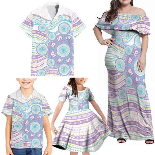 Australian Indigenous Aboriginal Art Family Matching Off Shoulder Maxi Dress and Hawaiian Shirt Vivid Pastel Pink Teal
