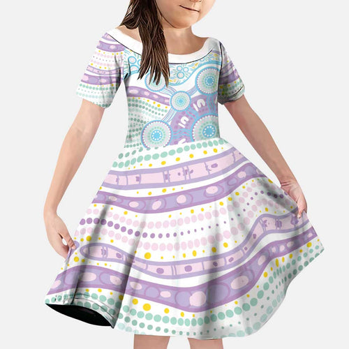 Australian Indigenous Aboriginal Art Family Matching Off Shoulder Maxi Dress and Hawaiian Shirt Vivid Pastel Pink Teal
